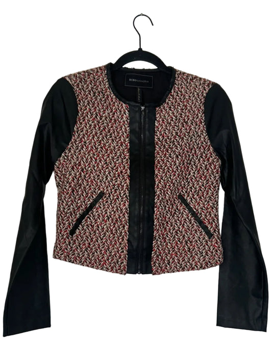 Blk Leather Tweed Zip Blazer XS