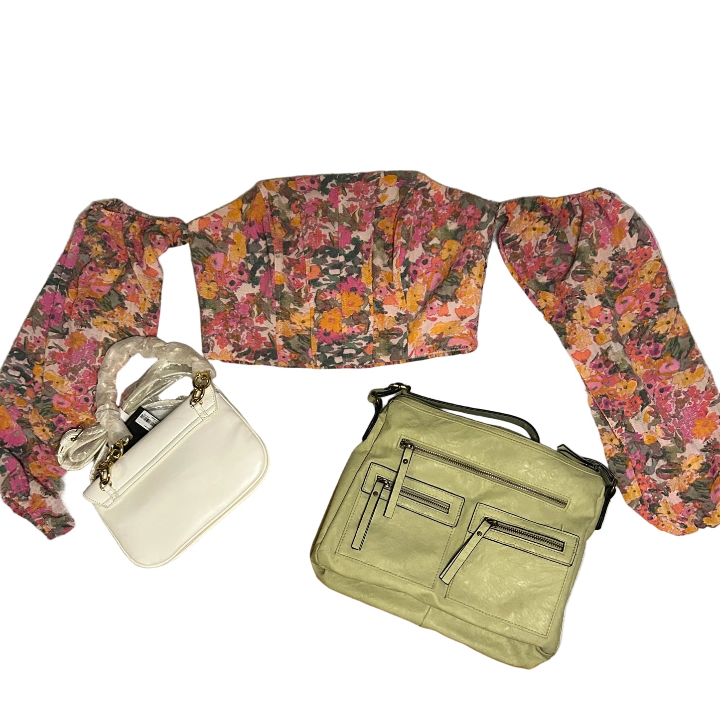 Pink/Or Floral Mesh Sleeve Top S