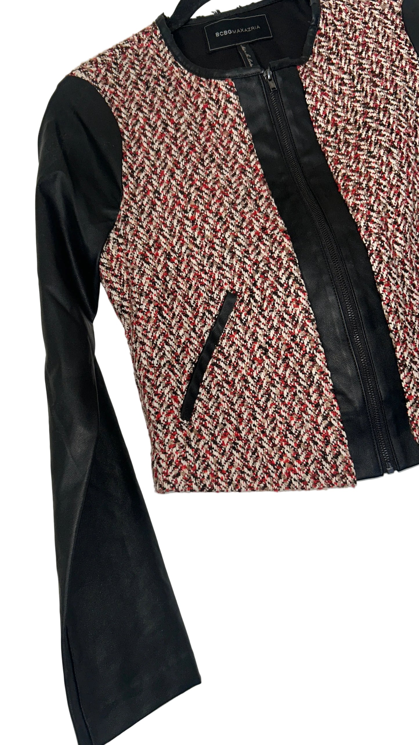 Blk Leather Tweed Zip Blazer XS