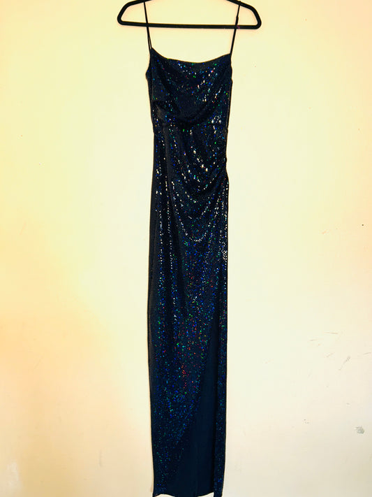 Blue/Green Sparkly High Slit Long Dress