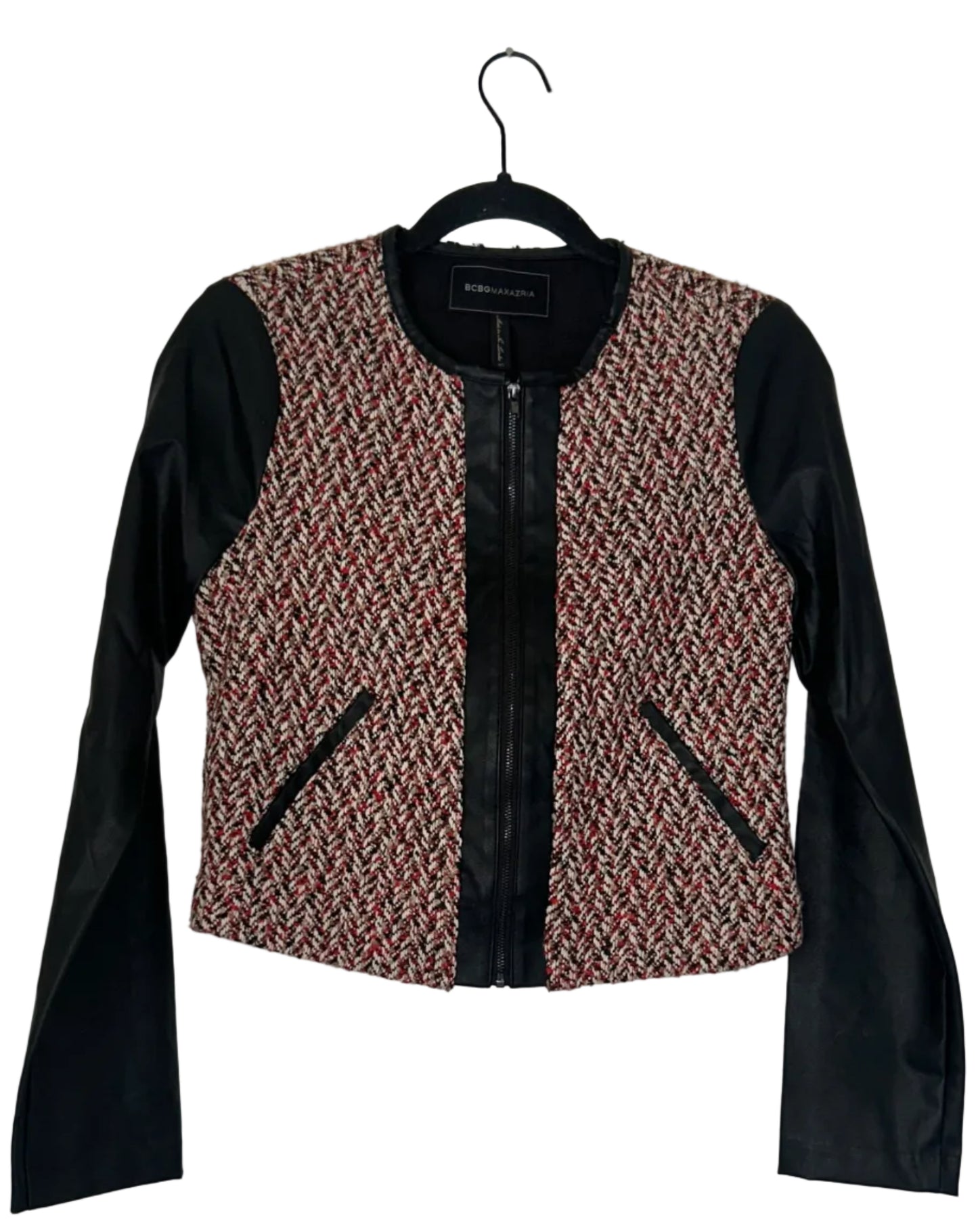 Blk Leather Tweed Zip Blazer XS