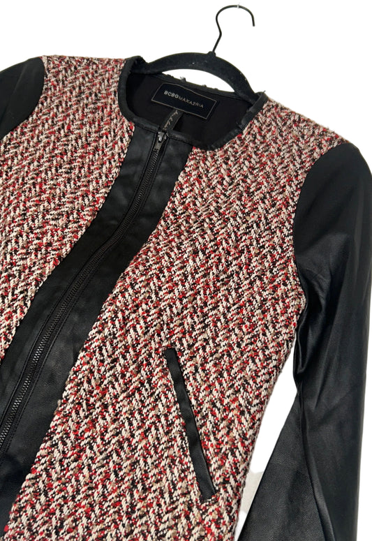 Blk Leather Tweed Zip Blazer XS