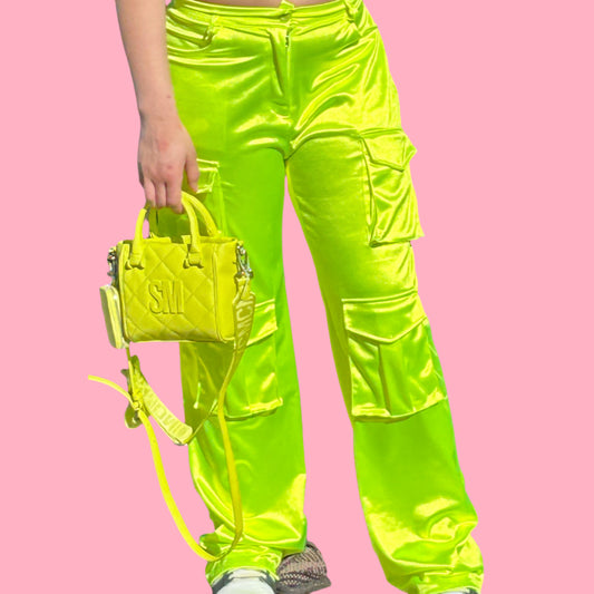 Lime Green Satin Cargo Pants S L