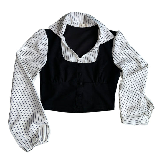 Blk/White Collared Pinstripe Crop Longsleeve